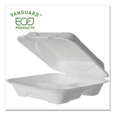 View larger image of Vanguard Renewable and Compostable Sugarcane Clamshells, 3-Compartment, 9 x 9 x 3, White, 200/Carton