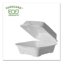 Vanguard Renewable and Compostable Sugarcane Clamshells, 6 x 6 x 3, White, 500/Carton